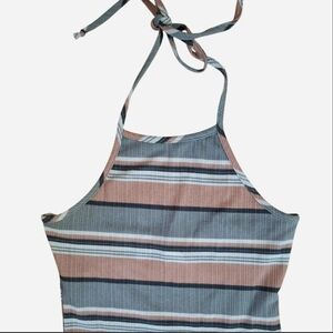 Fashion Magazine Striped Halter Bodycon Midi Dress in Blue & Light Neutral Pink